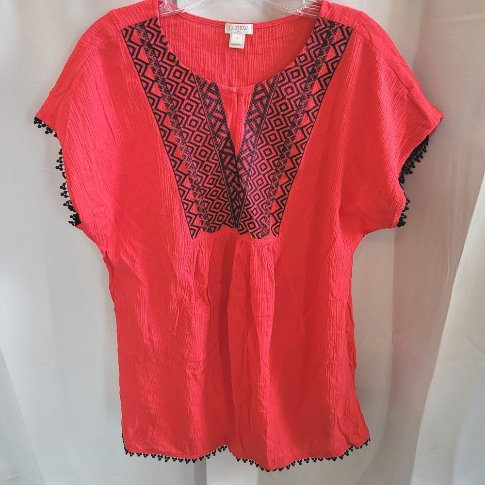 J Crew Womens Tunic Top Oversized Small Embroidered Pom Pom Gauze Folk 21800